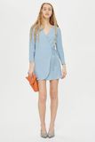 Light Blue Long Sleeve V Neck Crepe Wrap Mini Dresses Factory