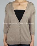 Women V Neck 3/4 Sleeve Cardigan Sweater by Knitting (11SS-197)