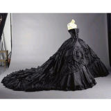 Sext Strapless Black Taffeta Cathedral Wedding Dress Bridal Gown (W189)
