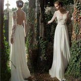 Neat Floral Lace Motifs Bateau A-Line Satin Wedding Dress (Dream-100066)