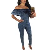 Blue Ruffle off Shoulder Denim Jumpsuit