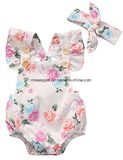 Baby Girls' Full Flower Print Buttons Ruffles Romper Bodysuit with Headband Esg10197