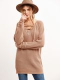 Wholesale Pink V Neck Eyelet Lace up Loose Sweaters