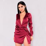 Satin New Style Dress for Women Long Sleeve Deep V Evening Dress Winter Woman Dress