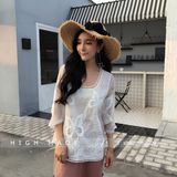 Women's Long Sleeve Sexy Sheer Lace Blouse Top Round Neck Floral Lace Peplum Top with Long Sleeve