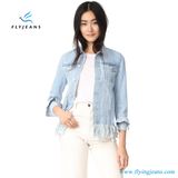 100% Cotton Faded Women Jean Jacket with Button-Flap Breast Pockets