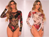 Long Sleeve Lace Lingerie Sexy Print Jumpsuits
