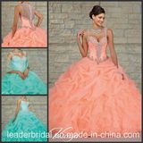 Teal Blue Coral Organza Ruffed Ball Gown Cap Sleeve Quinceanera Dress Ld15212