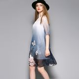 Boat Collar Floral Loose Elegant Silk Gradient Women Dress