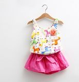 Little Girls' Cartoon Short Set Flower Top and Solid Pant 2 PCS Suit