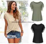 European Big Size Short Sleeved Cuffs with Tassels Ladies T-Shirt