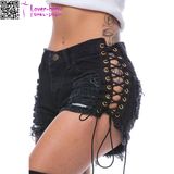 Side Lace-up Broken Holes Black Shorts Pants L547