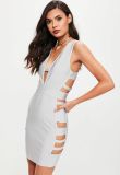 Mini Length and Gold Exposed Zip Grey Bandage Dress