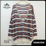 Women Sexy Plunging V- Neck Striped Sweater