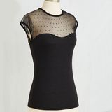 Women's Sexy Tight T-Shirt Black Light Cotton Lace Blouse Top