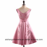 Satin A-Line V-Neck Appliques Short Mini Backless Sleeveless Prom Dress