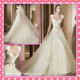Cap Sleeves Tulle Alencon Lace Applique Hand Flowers Wedding Dress P007