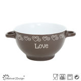 Homestyle Simple Glazing Silk Screen Words Bowl with Handles