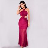 Cassia Mesh Dress Wine Criss Cross Front Party Gown Back Side Cutouts Open Back Contrast Bandage Details Evening Dresses