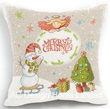 Beige Color Square X'mas Snowman Design Decor Fabric Cushion W/Filling