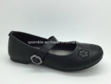New Design of Girls Black School Shoes with Flowers Embroidery
