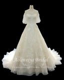 Aolanes Champagne Flow A Line Tulle Appliques Wedding Dress