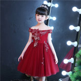 off-Shoulder Embroidery Red Flower Girl Dress