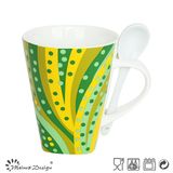 Colorful Decal New Bone China V Shape Mug Wtih Spoon