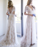 Lace V-Neck Bridal Gowns Blush Nude A-Line Wedding Dresses Z8013