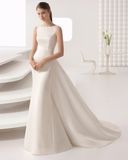 Elegant Heavy Crystal Beading Back with Removable Train Satin Mermaid Wedding Dress