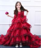 Puffy Girls Wedding Gonws Lace Stage Performance Red 3/4 Sleeves Flower Girl Dress F1511
