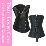 2PCS Black Brocade Corset with Faux Leather Detail