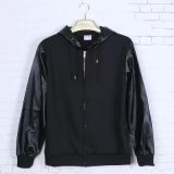 Leather Sleeves Patch Hoodie Black Cotton Long Sleeve