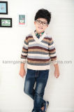 V-Neck Ribbed Patterned Striped Wool Children Sweater