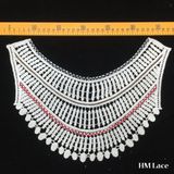 34*24cm Embroidery Collar Venise Lace Stripes Neckline Applique Trim Beautiful White Cotton Whitework Point Collar Lace Fabric with Spotted Fringe Hm2025