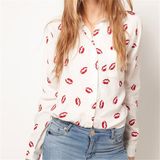 Sexy Red Lip Kiss Print Long Sleeve Shirt Blouse (14211)