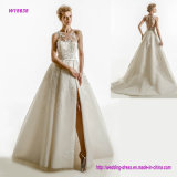 Heavily Embellished Bodice Wedding Dress with High Front Slit