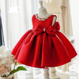 Red Satin Beading Bow Flower Girl Dress