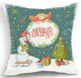 Forest Green Color Square X'mas Snowman Fabric Cushion W/Filling