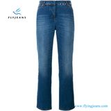 Women Blue Rivets Decorated Stretch Cotton Flared Leg Denim Jeans