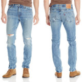 Men Elastic Ripped Destroyed Blue Jeans with Holes