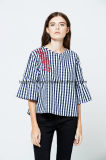New Products Simple Design O Neck Blue Stripe Fashion Woman Top