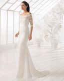 Boat Neck off Shoulder Half Sleeve Lace and Chiffon Bridal Wedding Dress