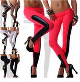 2015 New Designed Women Faux Leather Trim Stretch Leggings 23689