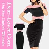 Black Pink Color Block Pencil Style MIDI Dress