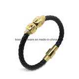 Men Gold Stainless Steel Skull Leather Bracelet