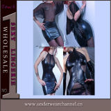 Sexy Sheer Black Woman Leather Clubwear Dress Lingerie (TGP852)
