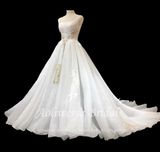 Aolanes A Line Square Neck Ivory/Gold Appliques Wedding Dress