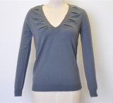 100%Wool Spring V-Neck Pure Color Knit Women Sweater