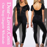 Black Mesh Inset Flutter Sleeve Backless Party Catsuit